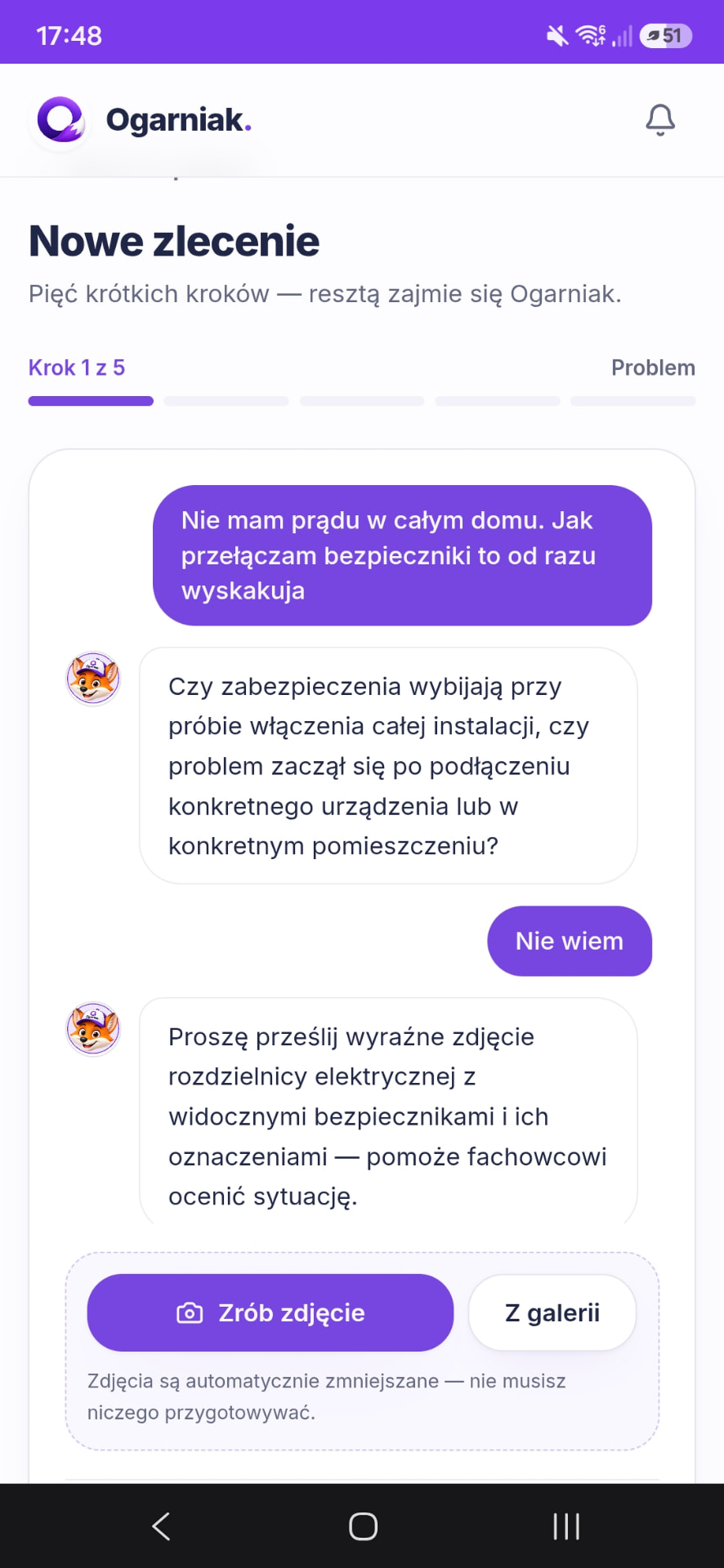 Tworzenie zlecenia w aplikacji Ogarniak