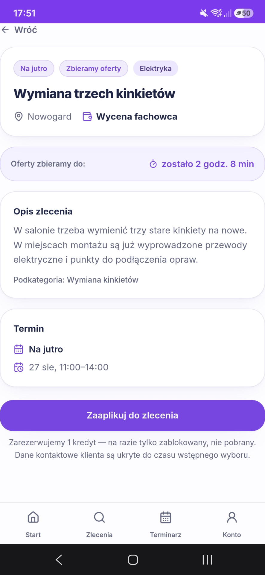 Szczegóły zlecenia w widoku fachowca z przyciskiem aplikowania