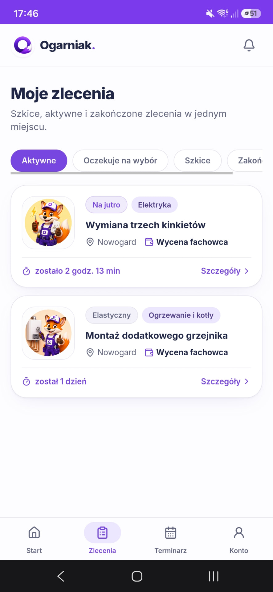 Lista zleceń klienta z filtrami statusów